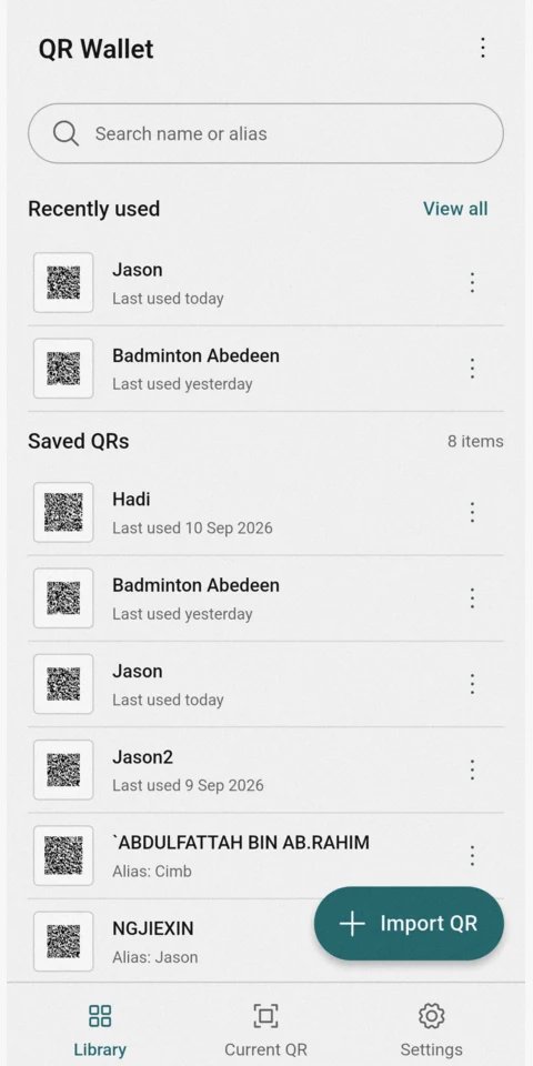 QR Wallet library of saved payment QR codes on a phone